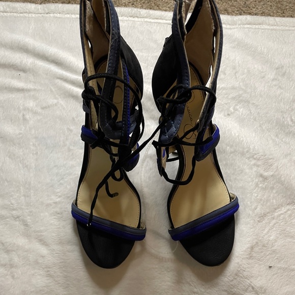Blue and black leather, strap up 4 inch heeled sandals NWT - Picture 2 of 4